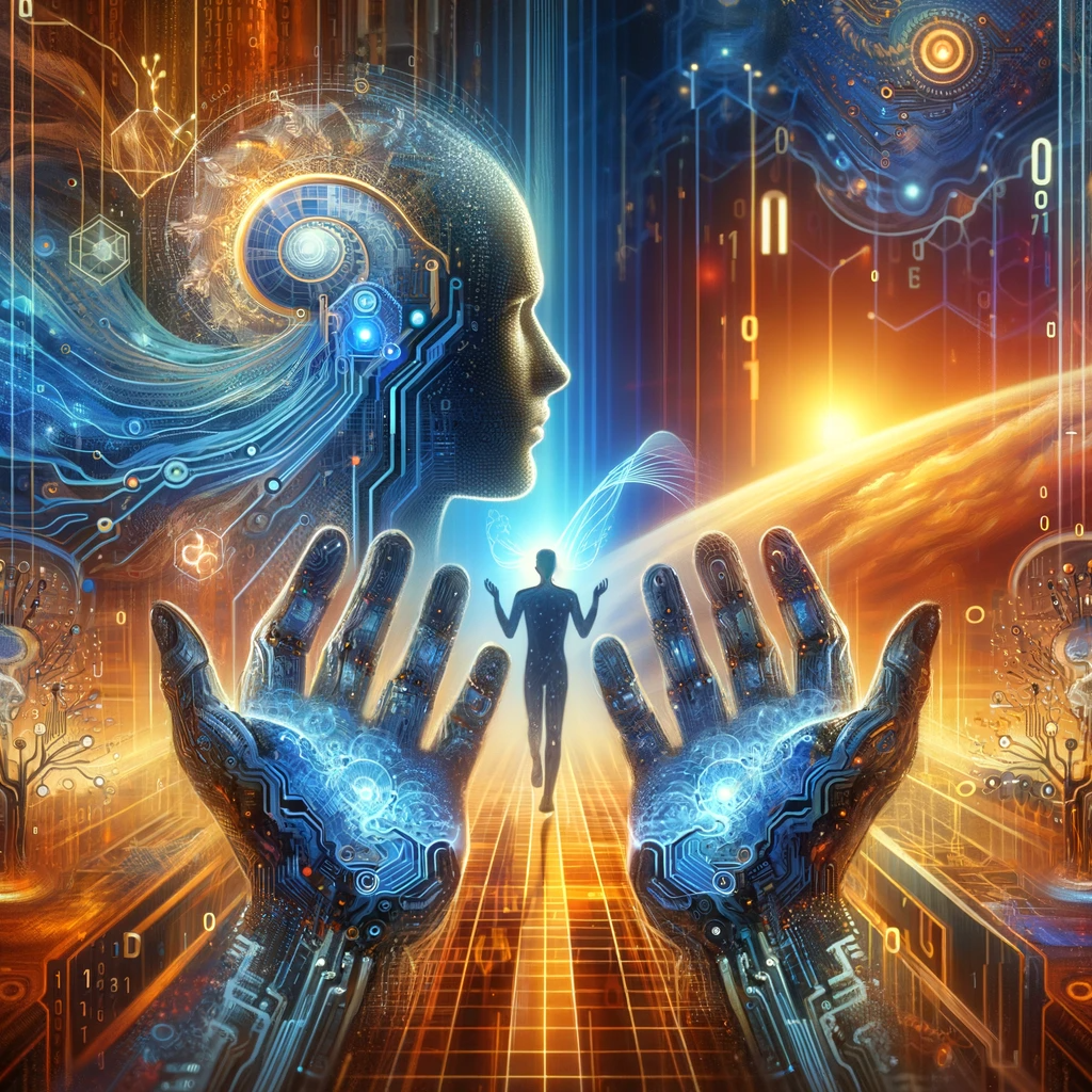 The image is a futuristic and thought-provoking representation of the coexistence of artificial intelligence (AI) and humanity. It features a harmonious blend of digital and human elements. The background is a digital landscape filled with circuitry patterns and binary code. Seamlessly integrated into this digital backdrop is a human silhouette, suggesting a deep connection between humans and technology. The silhouette is partially composed of digital elements, symbolizing the symbiotic relationship between AI and human interaction in both digital and physical realms. The overall tone of the image is futuristic, capturing the essence of AI as a guiding force in our online experiences while highlighting the significant role of human engagement in the physical world.