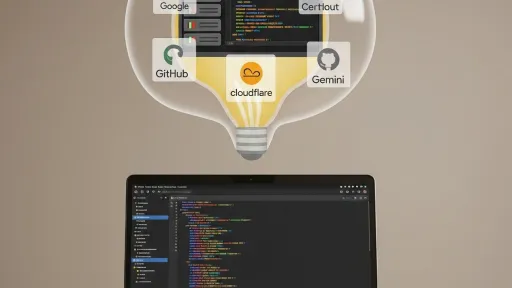An open laptop with a bubble above it showing logos of Google Cloud, Github, Cloudflare, and a server icon